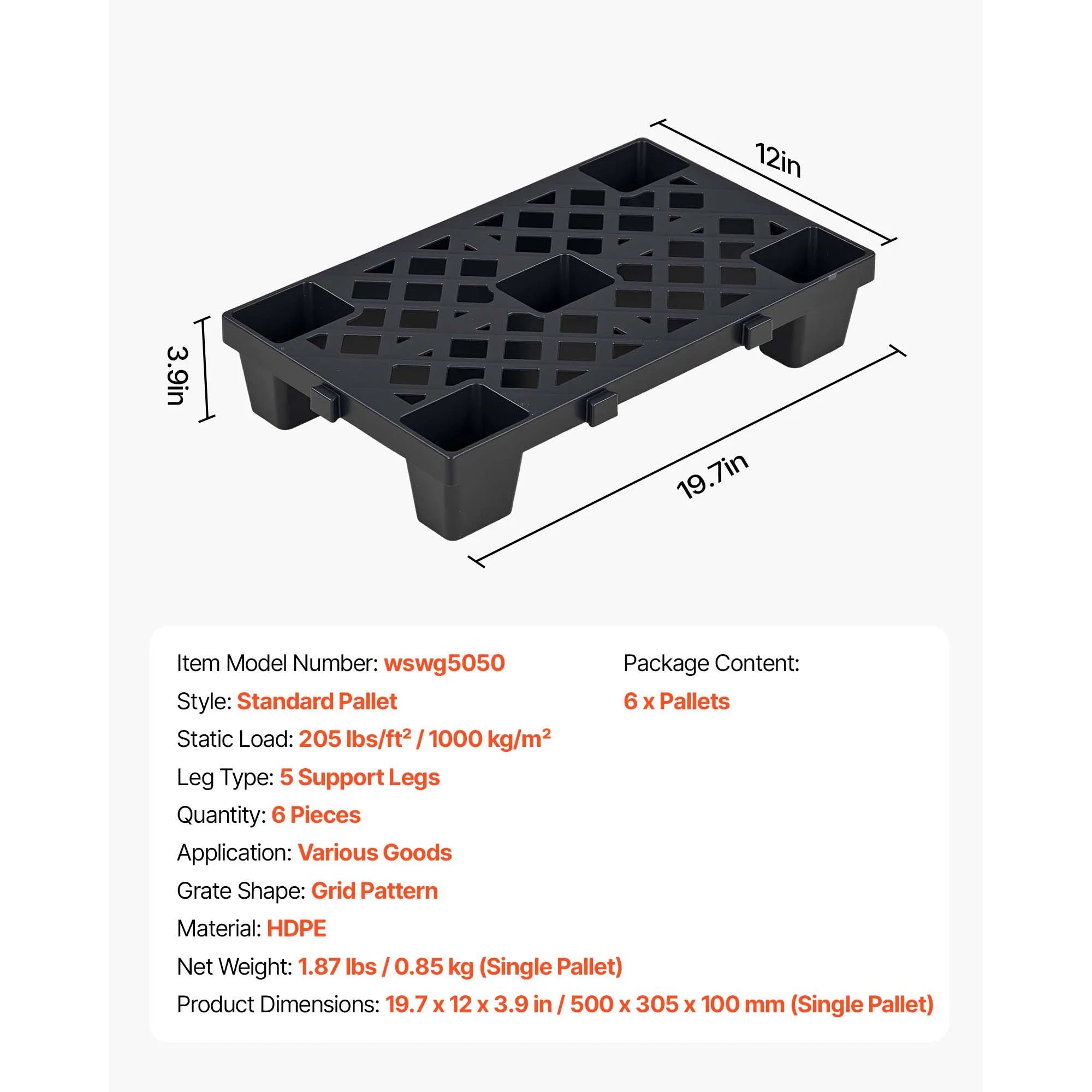 6pcs Plastic Storage Pallets HDPE Grid Base for Basement & Warehouse