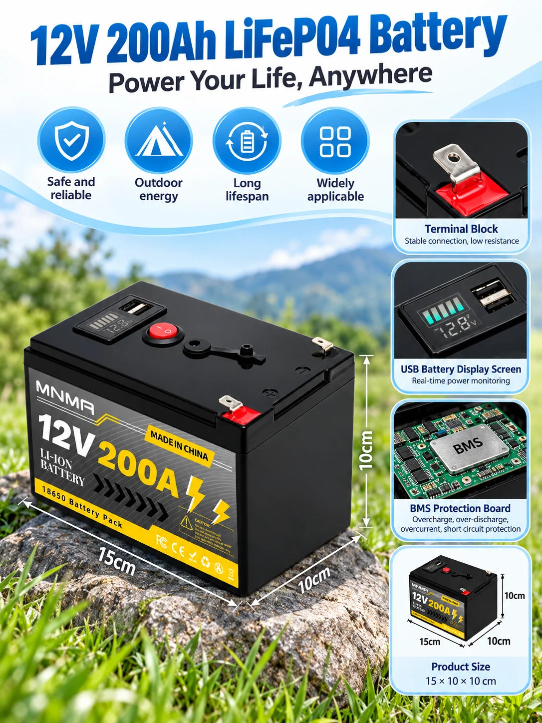 12V 200Ah LiFePO4 Solar-Batterie, Tiefzyklus Wiederaufladbare integrierte BMS Lithium 200000mAh für Power Wheels, Scooter, Fischfinder
