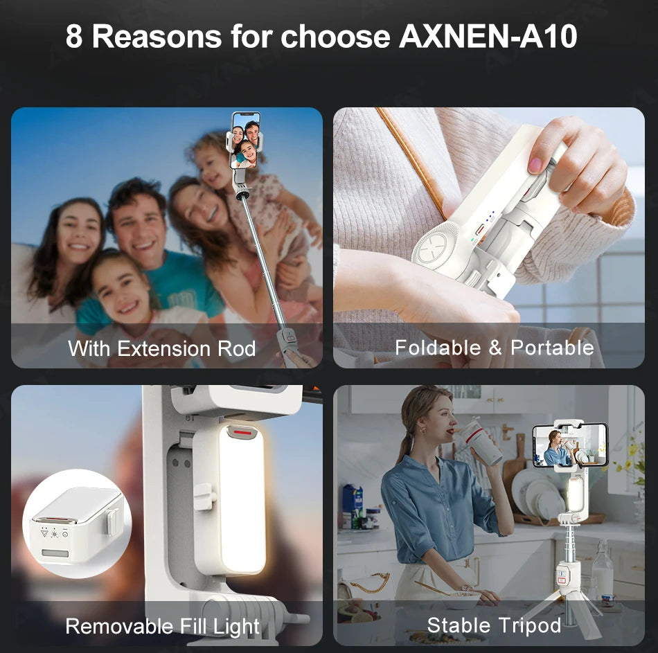 AXNEN A10 Handheld Gimbal Smartphone Stabilizer with Fill Light Extension Rod Remote Cellphone Selfie Stick for iPhone Samsung 