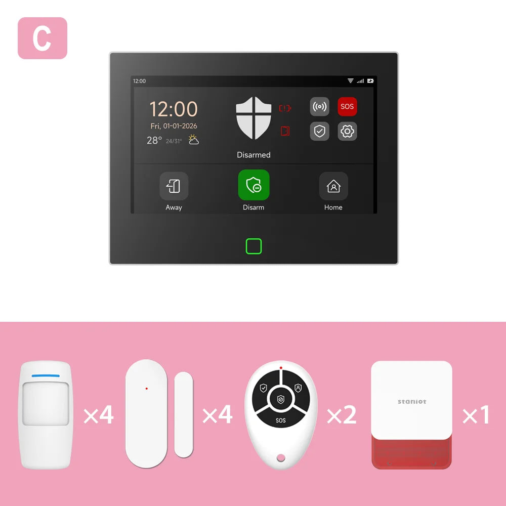 Staniot 7 inch Smart Home Security Alarm System 4G WiFi Touch Screen Built-in 5000mAh Battery Tuya Wireless Security Protection