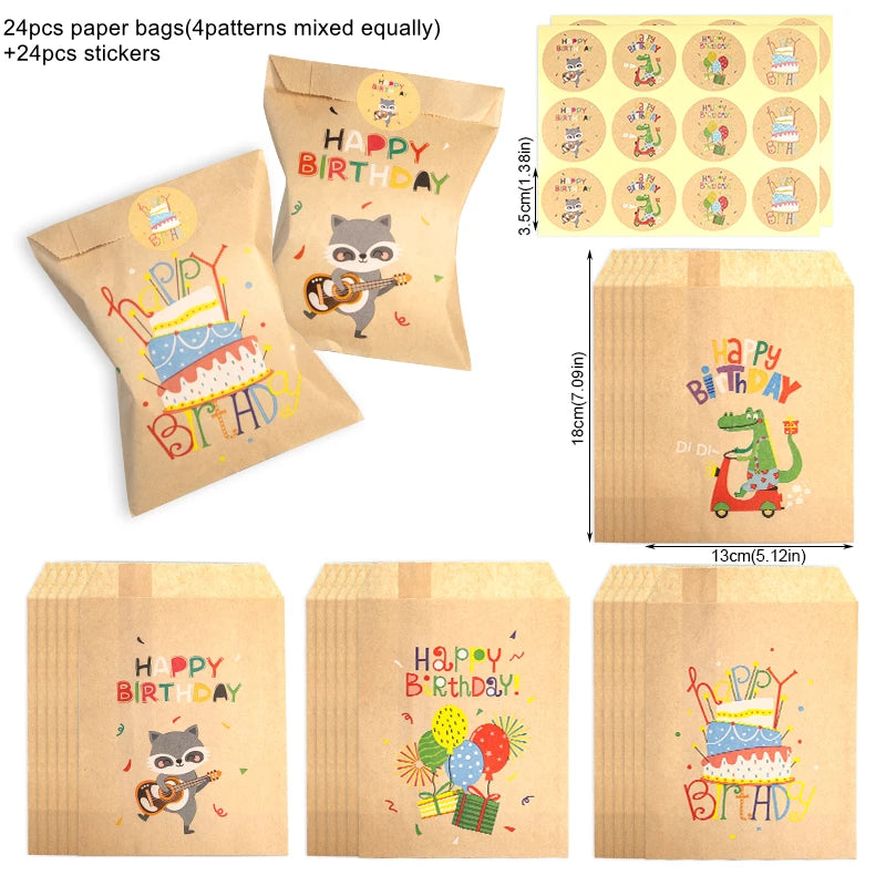 24Sets Thank You Kraft Paper Bags Cute Rainbow Dino Happy Birthday Gift Pouch Retro Flower Party Favor Bag Candy Cookie Supplies