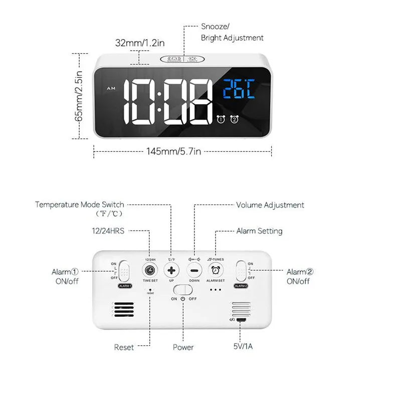 Rechargeable LED Alarm Clock with Dual Alarms