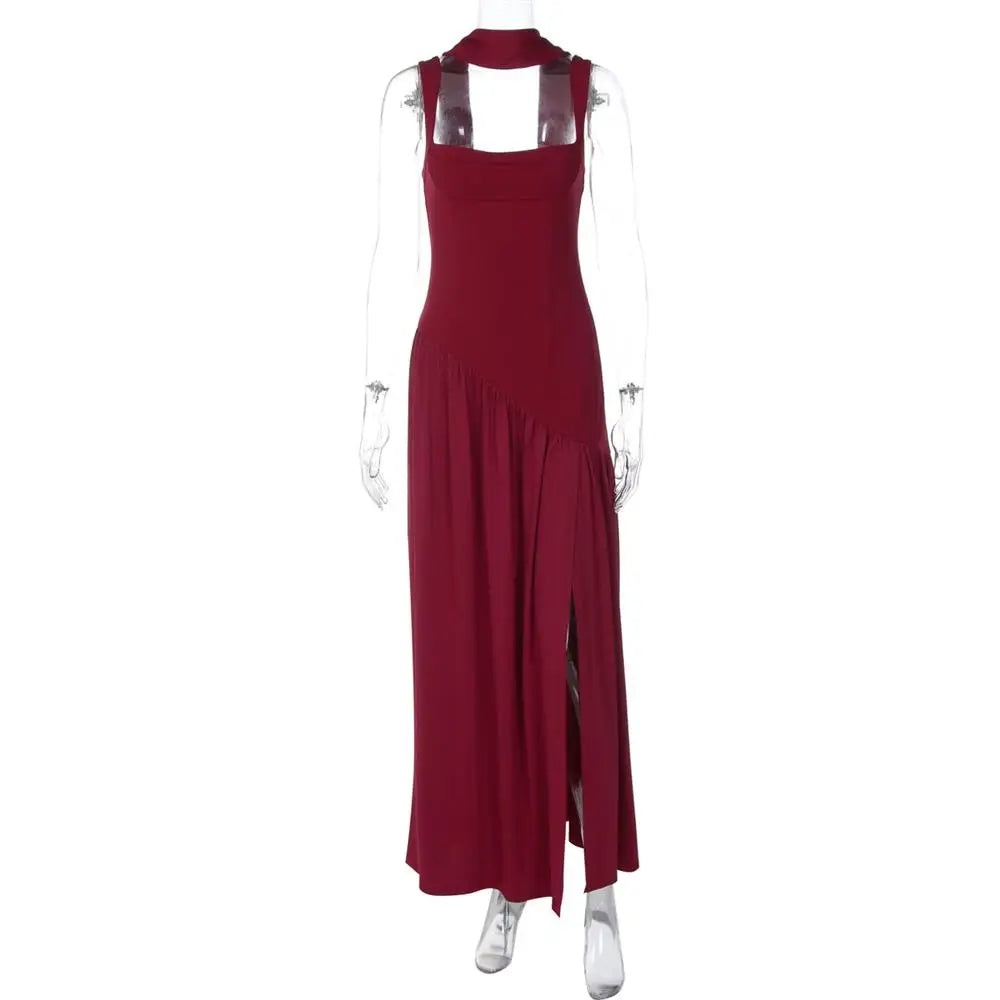 Elegant Sleeveless High Waist Slit Dress with Belted Sash
