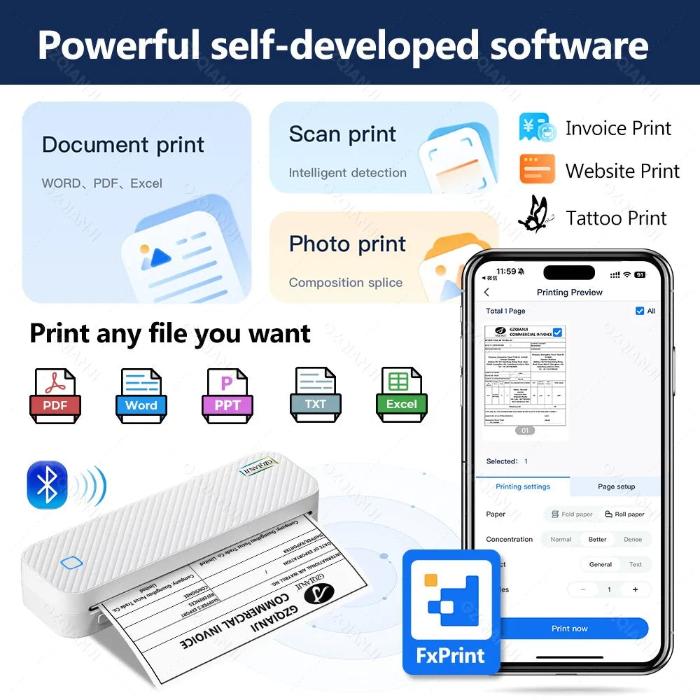 Portable A4 Thermal Printer Bluetooth Photos PDF Document Printing Machine Folded Rolls Paper For Office Work Home School Travel 