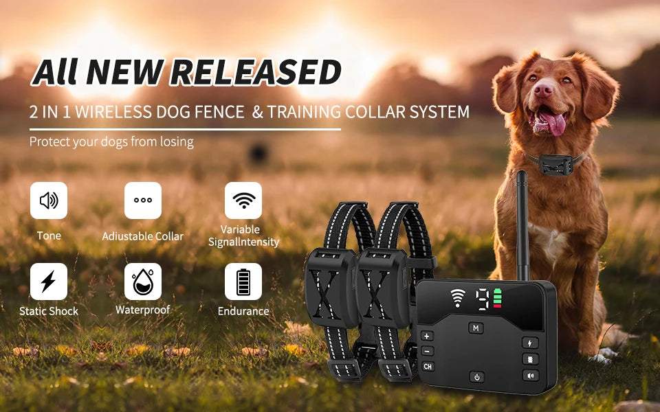2-in-1 Wireless Dog Fence & Training Collar with Remote Control