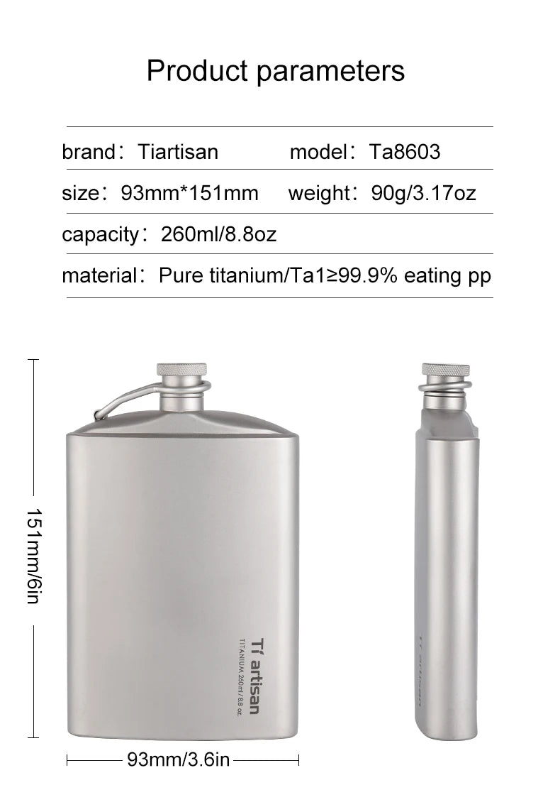 Portable Pure Titanium Hip Flask with Funnel, 200ml/260ml