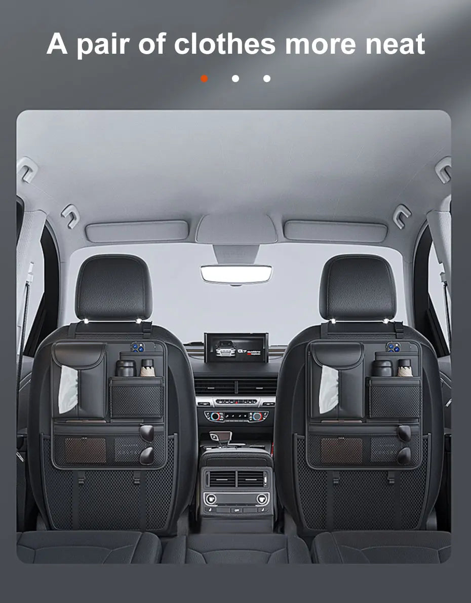 SEAMETAL Car Seat Back Organizer Rear Row Storage Bag with Elastic Band Nappa Leather Multi Pocket Anti Kick Pad Seat Protector