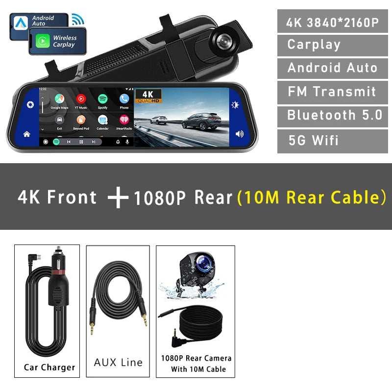 10"  Dash Cam 4K 3840*2160P Car Dvr Carplay Android Auto GPS 5G WIFI AUX Stream RearView Mirror Dashcam Camera Drive Recorder FM 