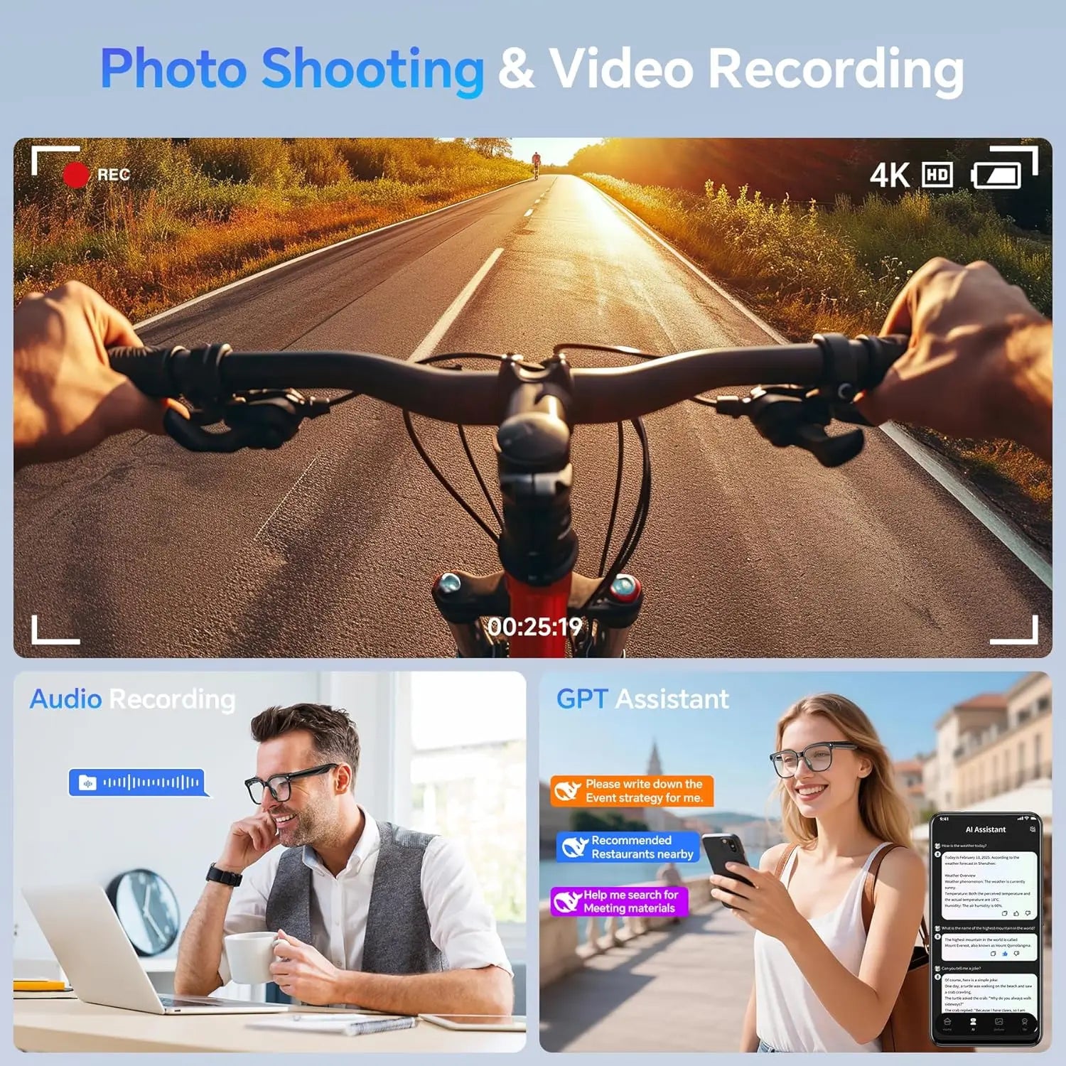 Smart AI Glasses 1080P Camera Bluetooth Calls Translation