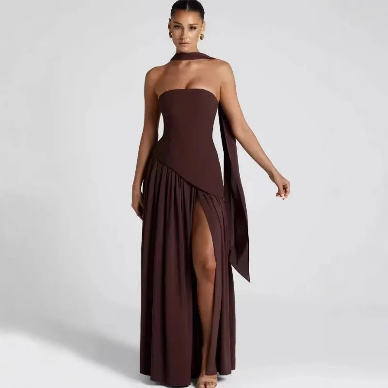 Elegant Strapless Floor-Length Women’s Slit Backless Evening Dress