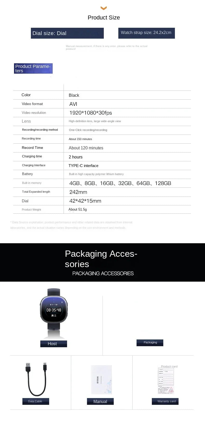 1080P Watch Mini Camera Audio Video Sound Voice Recorder Micro Smart Watch 4-128GB Sport DV Noise Reduce Recording Smart Watch