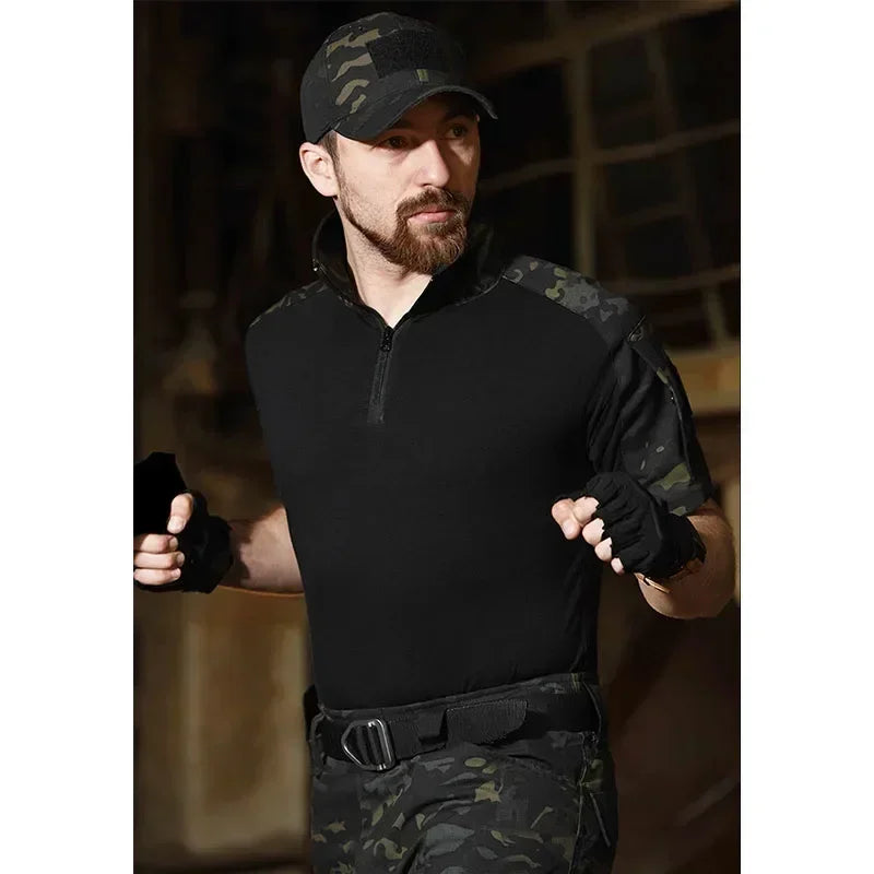 Black Camo Training Sets 1/4 Zipper Combat Tops Tactical Suits Hiking Pants Men Durable Shirts Multiple Pockets Wear-resisting