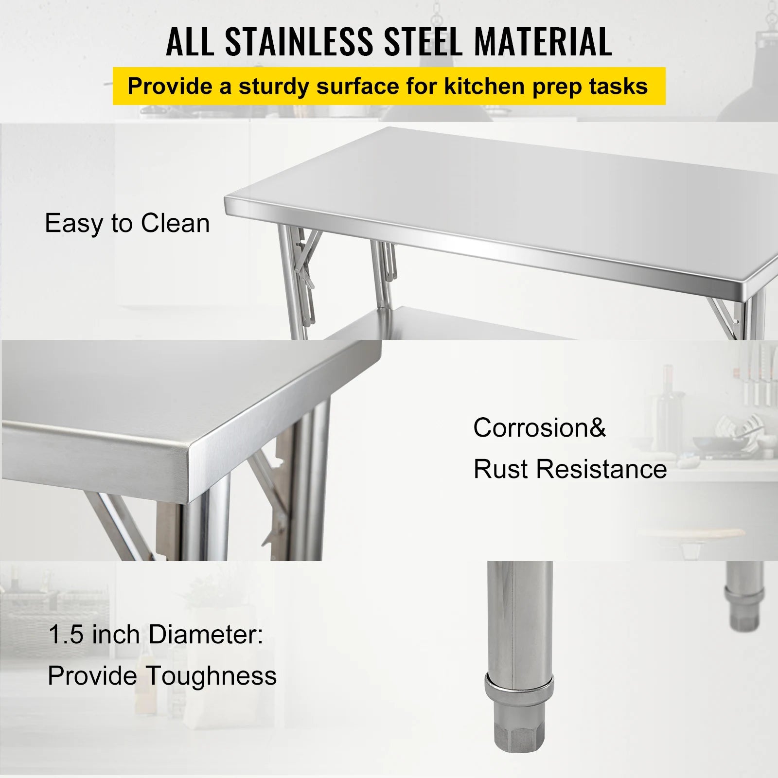 Folding Stainless Steel Work Table with Undershelf 48x24 Inch