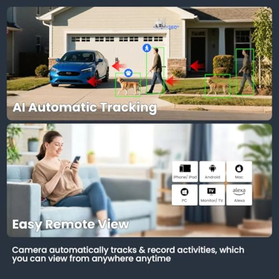 Indoor/Outdoor Security Camera System with 10X Zoom PTZ Tracking