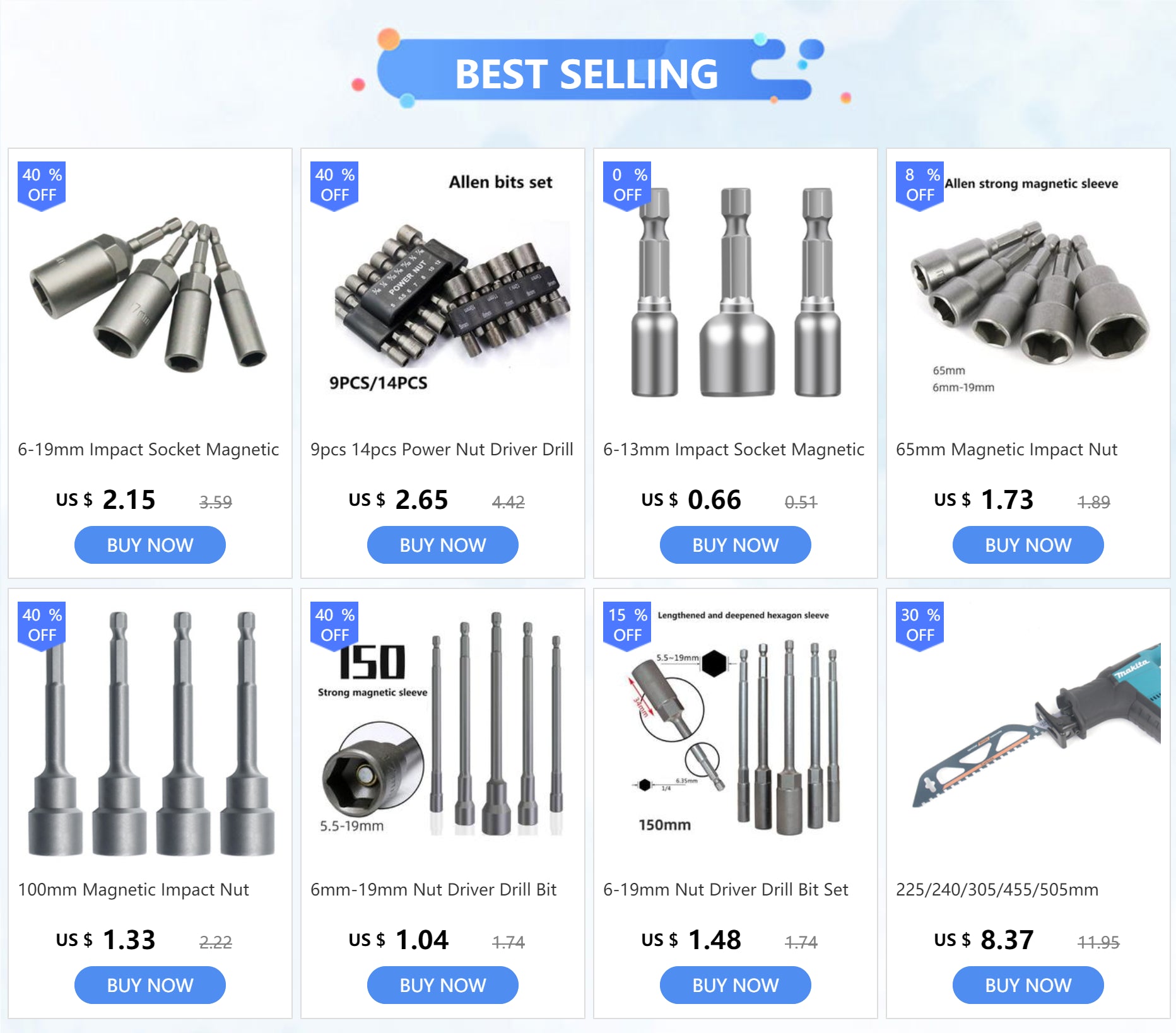 6-13mm Impact Socket Set Magnetic Nut Screwdriver 48mm Drill Bit Set 1/4” Hex Socket Adapter Bolt Drivers Socket Kit Hand Tools 