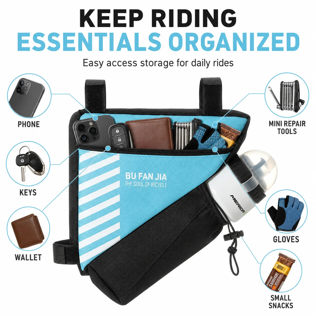 Bike Frame Bag with Bottle Holder, Water-Resistant
