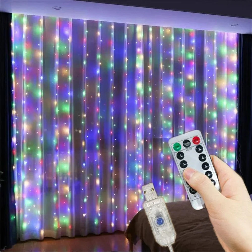 Cortina de luzes LED decorativas USB, 8 modos, vários tamanhos