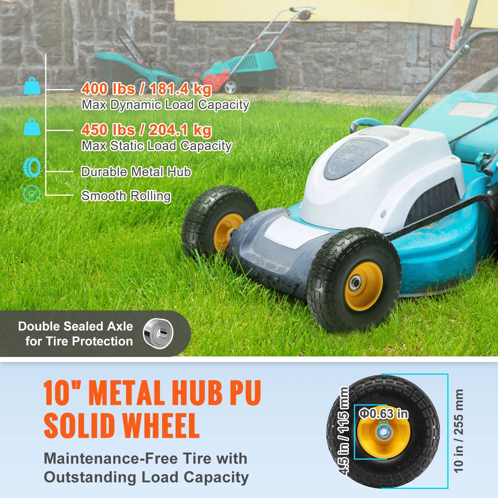 10" Solid PU Run-Flat Tire Wheels (2-Pack) for Carts & Dollies