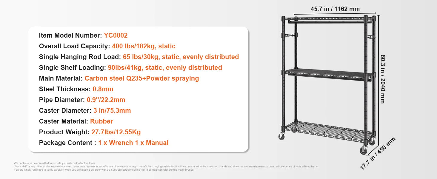 Adjustable Heavy Duty Garment Rack with Wheels & Storage Shelf