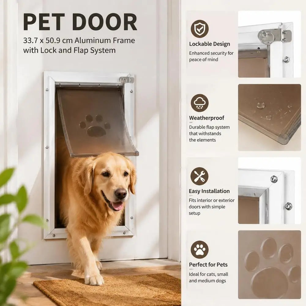 Pet Door/dog Flap Made Of Aluminum Frame With Lock And Flap System, 337 X 509 Mm, Weatherproof, Suitable For Cats, Dogs, And Kittens (White-L), Easy Installation