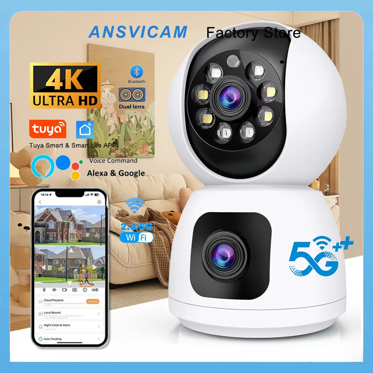 4K 8MP Dual-Lens PTZ Security Camera with Dual-Screen, AI Auto Tracking, Color Night Vision