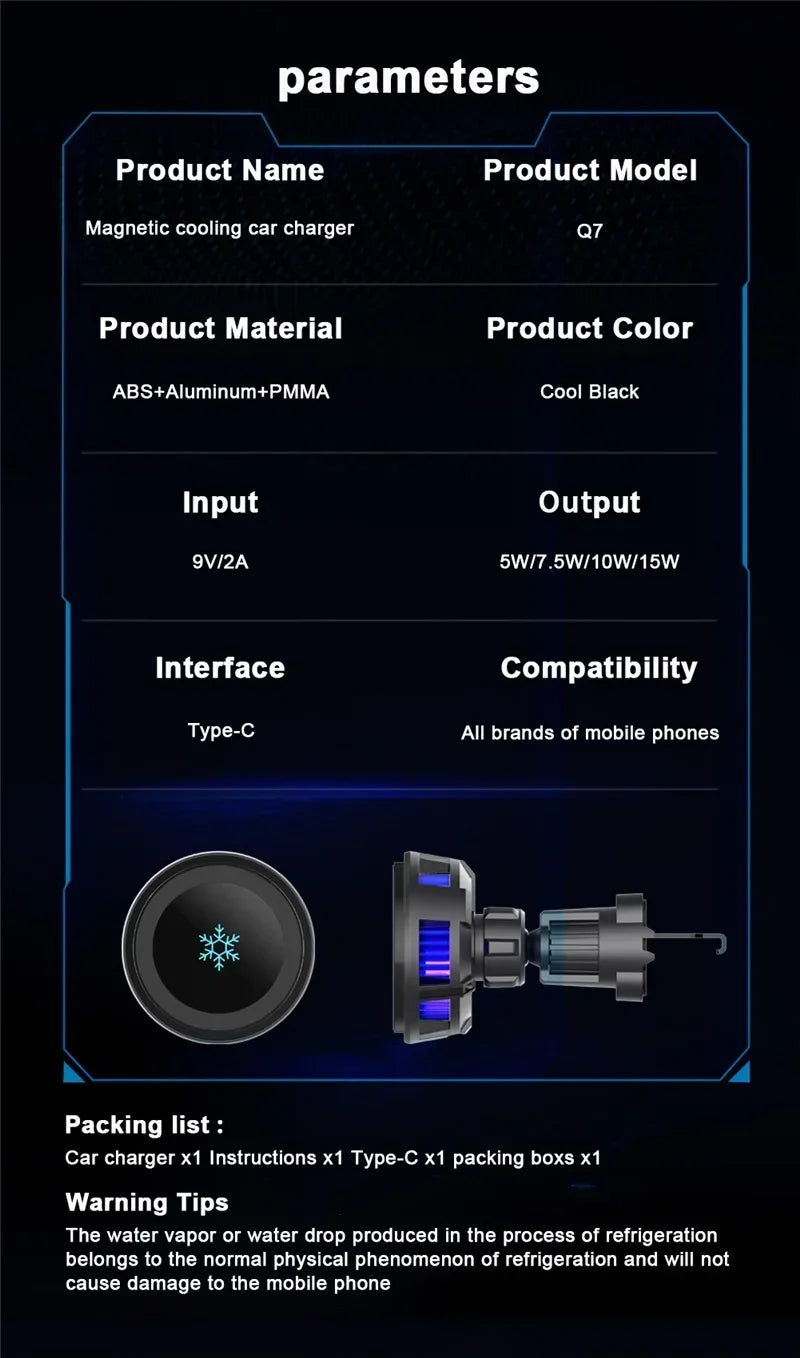 ice Cooling Magnetic Wireless Car Charger Stand for iPhone 16 15 14 13 12 Pro Max MacSafe Car Phone Holder Fast Charging Station 