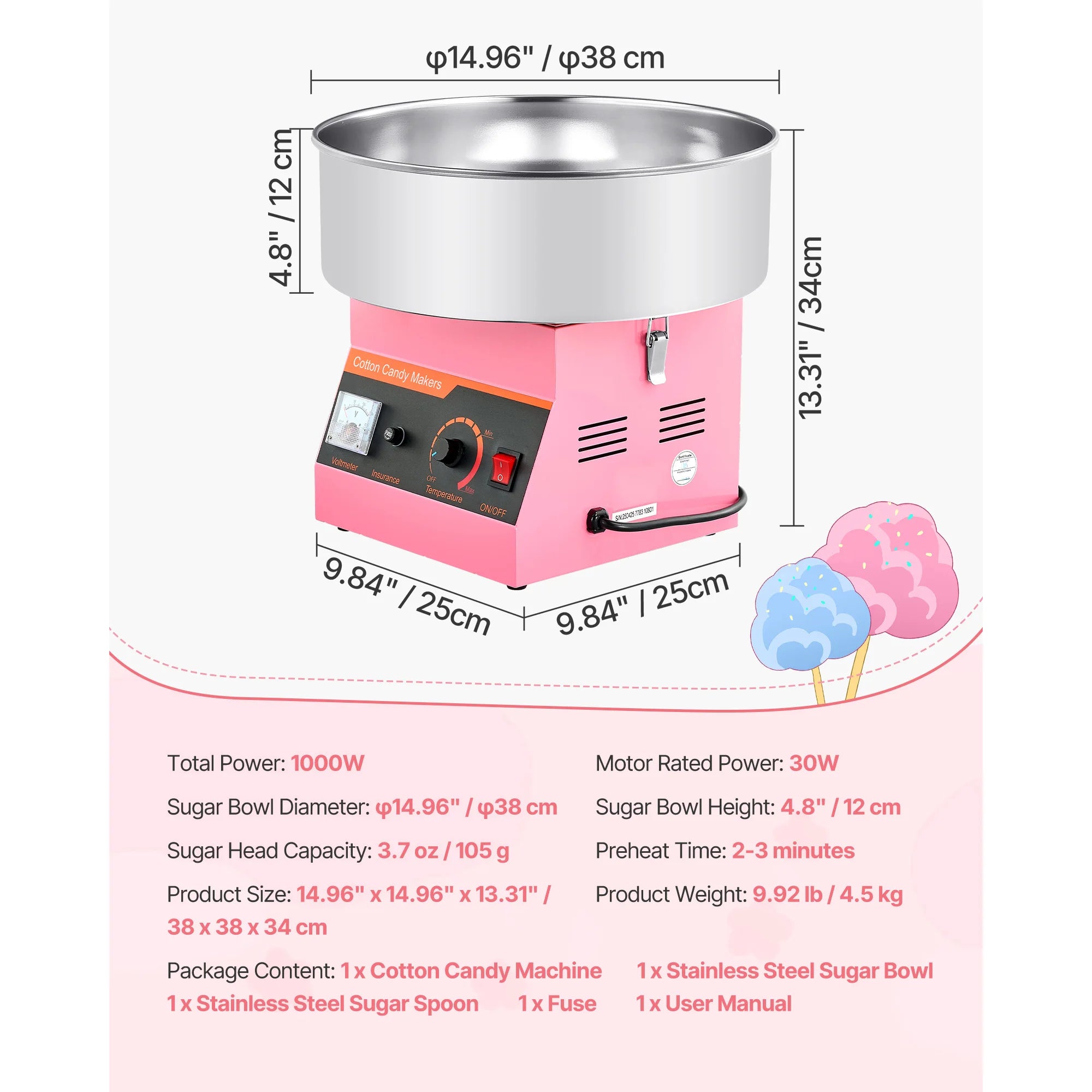 Commercial Cotton Candy Machine, 1000W Electric Candy Floss Maker with 15 Inch Stainless Steel Bowl