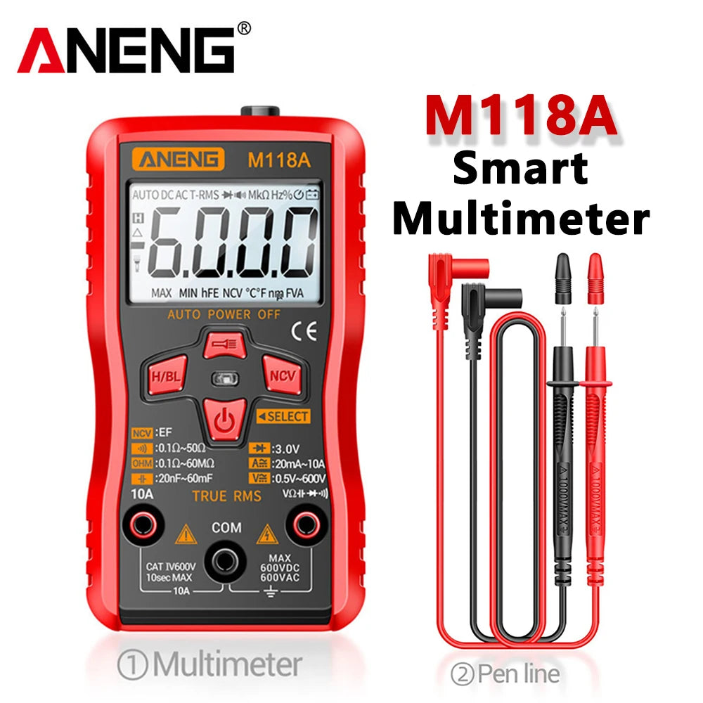 Digital Mini Multimeter Tester Auto Mmultimetro ANENG M118A True Rms Tranistor Meter with NCV Data Hold 6000counts Flashlight