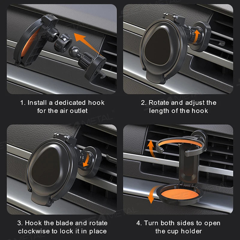 SEAMETAL 2 in 1 Car Phone Holder with Foldable Cup Holder 360-Degree Rotation Air Vent Magnetic Phone Mount Stable Drink Holder