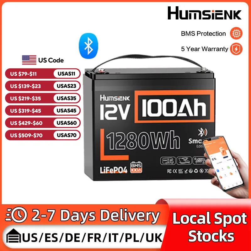 12V 100Ah LiFePO4-batteri 1280Wh med Bluetooth og 100A BMS