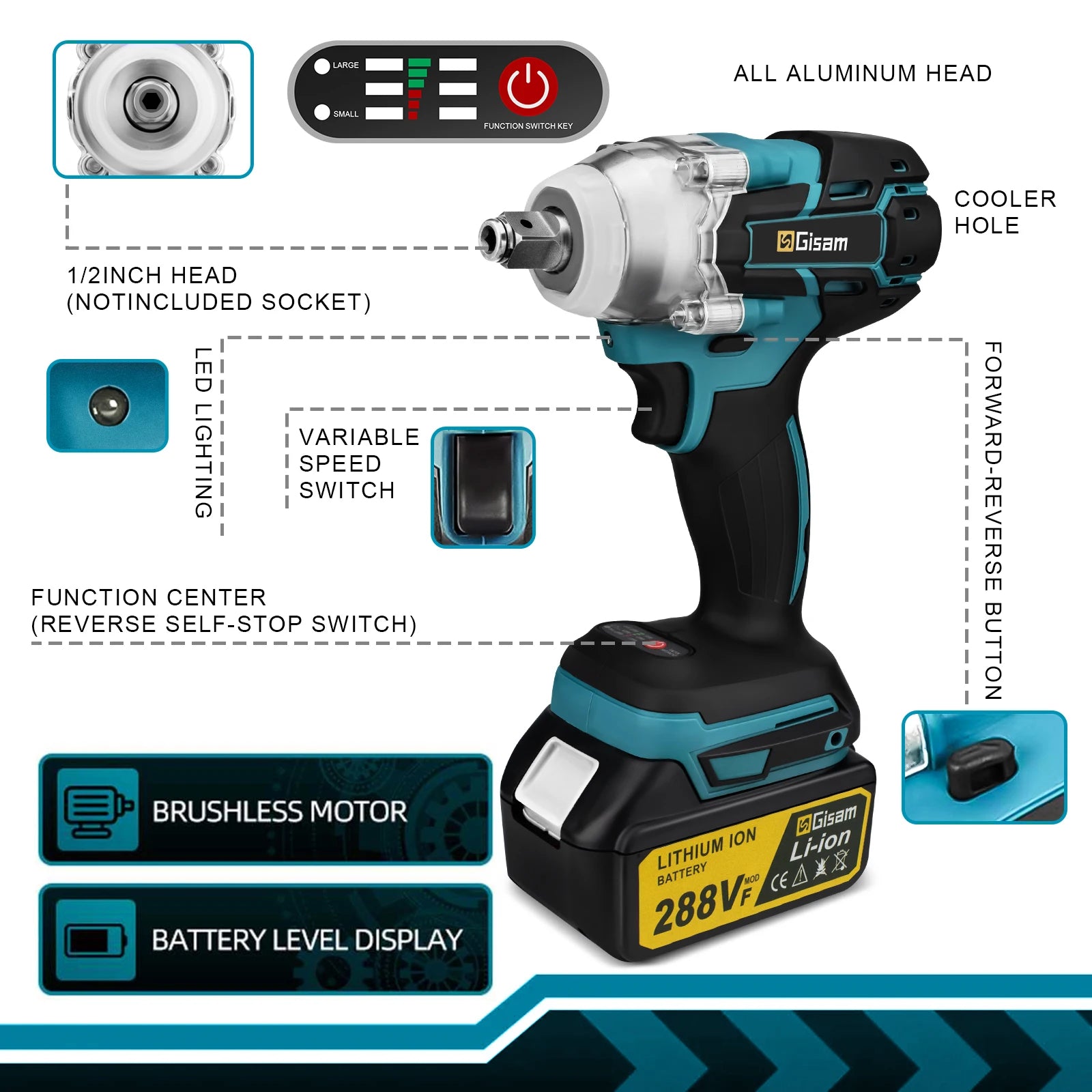 Gisam 520N.M Brushless Electric Impact Wrench for Makita 18V