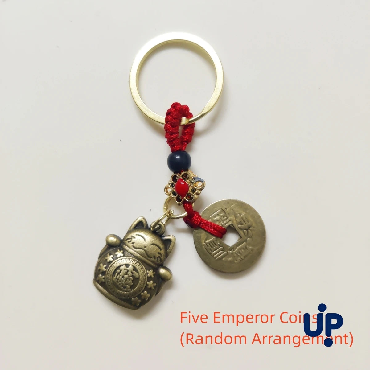1Pc Vintage Pure Handmade Lucky Cat Car Keychain Lucky Cat Five Emperors Money Keychain Feng Shui Coins Solid Lucky Key Ring