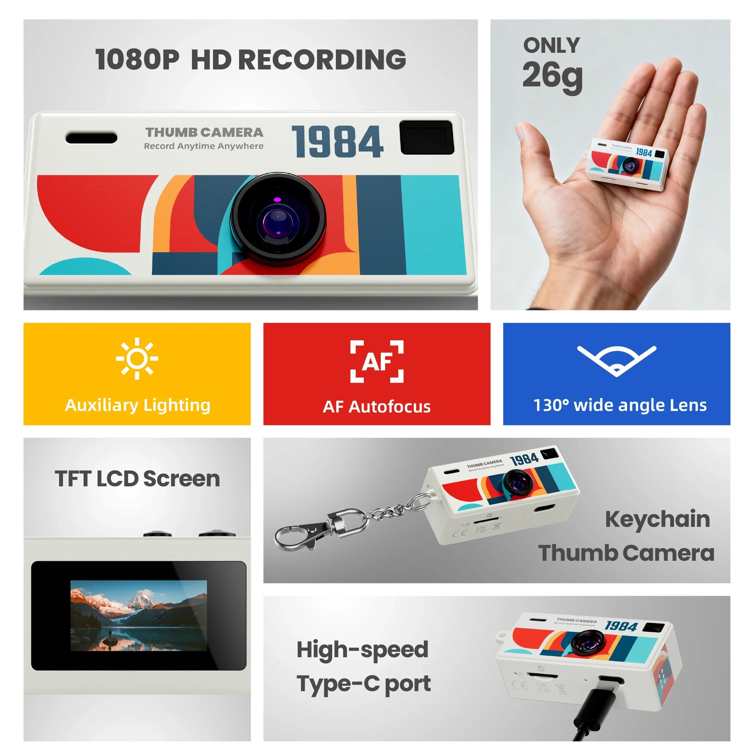 1080P Thumb Mini Camera with 130° Lens, LCD Screen & Fill Light