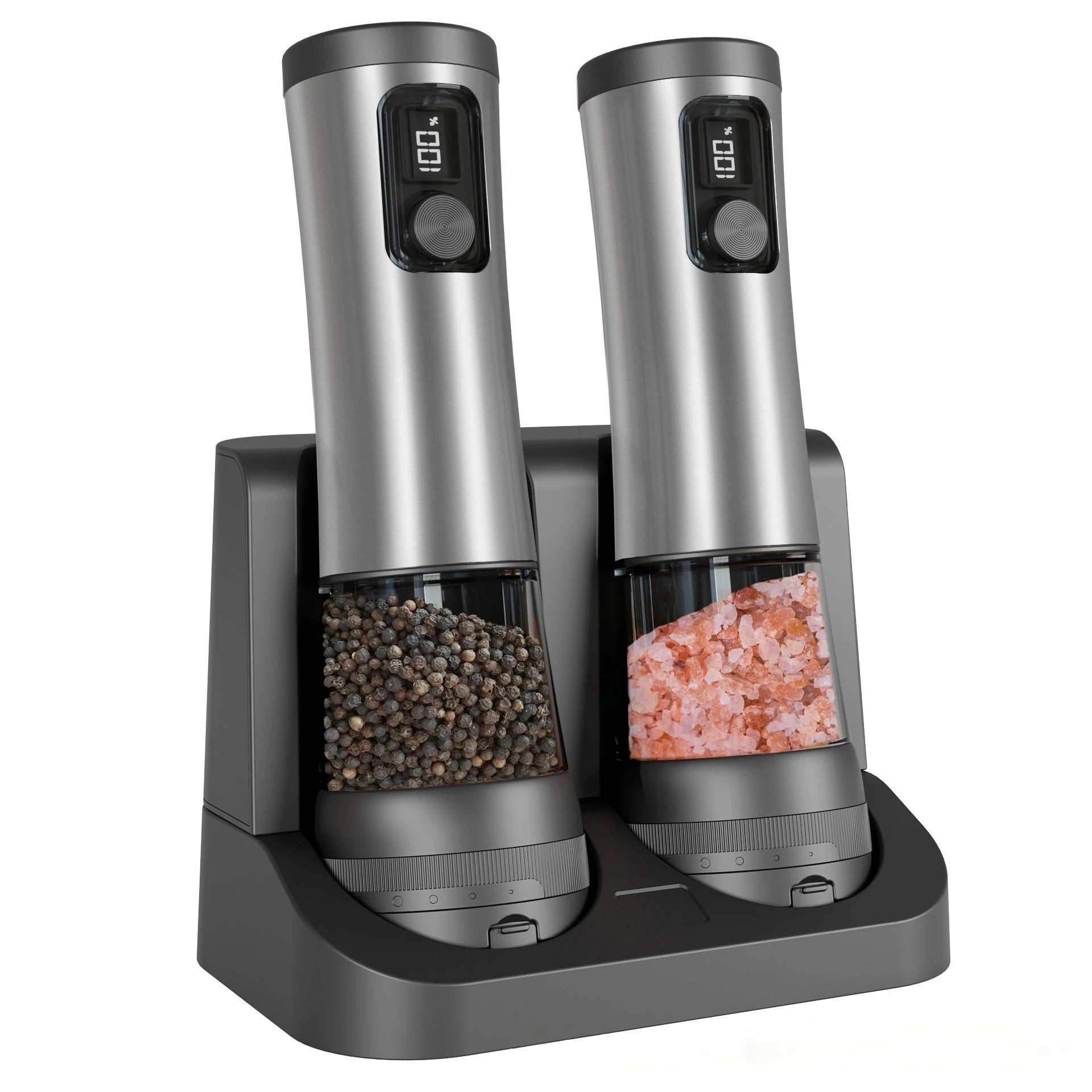 Electric Salt & Pepper Grinder Set with Rechargeable Base & LED