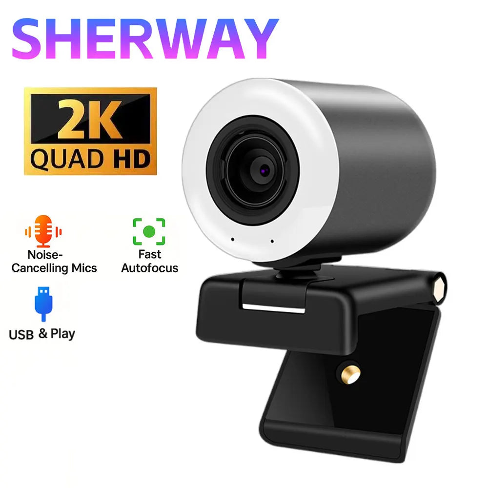 2K Streaming Webcam with Ring Light and Autofocus