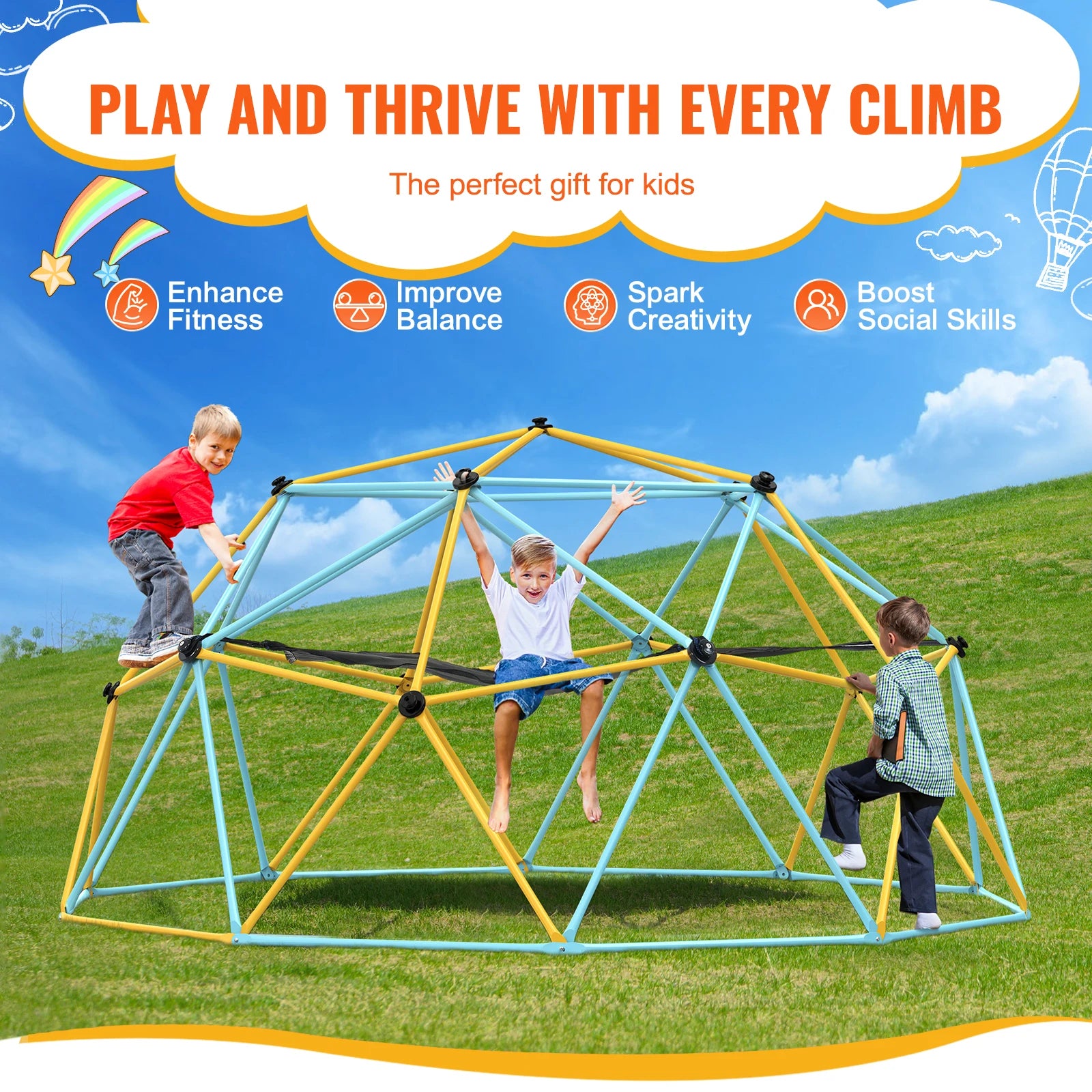 Kids Climbing Dome Jungle Gym with Swing & Hammock (6–12FT)