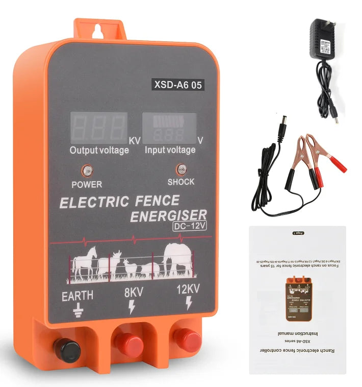 5-10KM Electric Fence Energizer 2.5 Joule With LCD Display 12V Energizer Controller for Farm Livestock Cows Cattle Horse 
