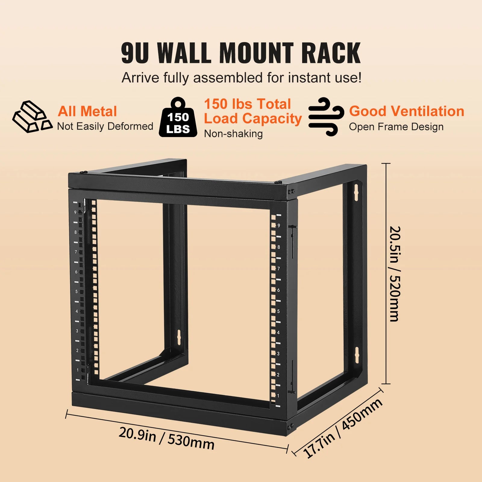 9U Wall Mount Server Rack 19 Inch Open Frame 150 lb Capacity