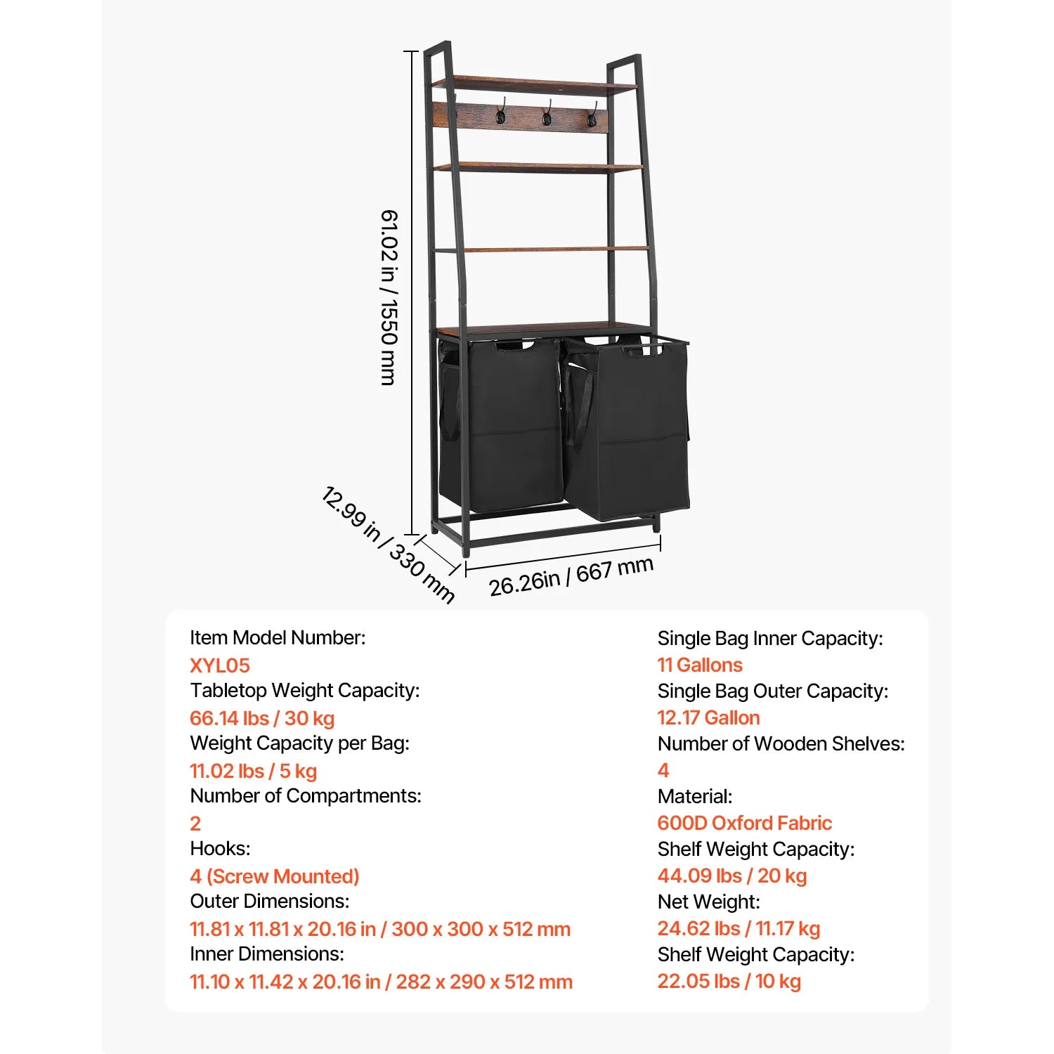Large Laundry Sorter with Metal Frame & Pull-Out Bags