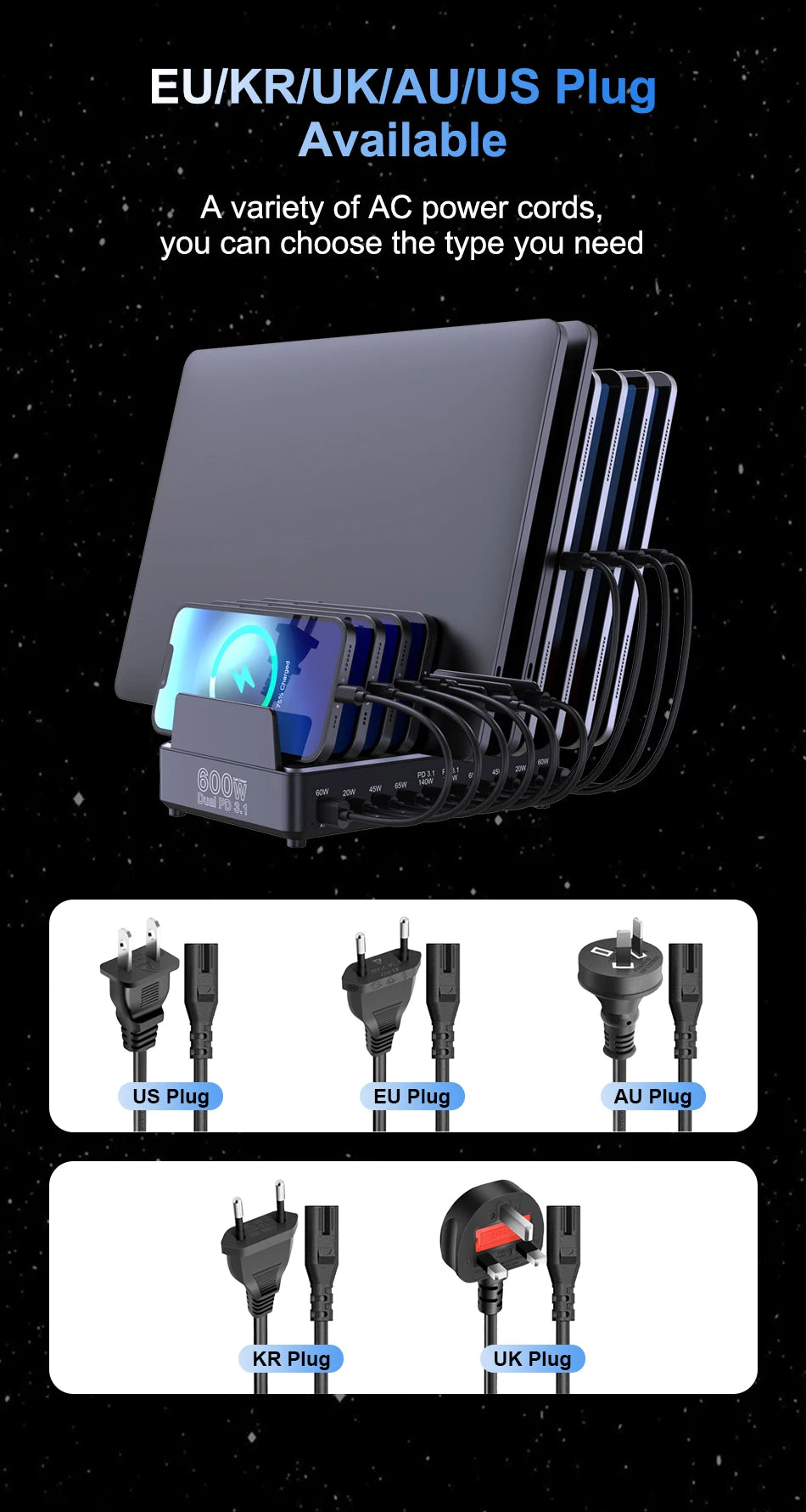 600W 10-Port GaN Fast Charging Station PD 3.1 USB-C Desktop Charger