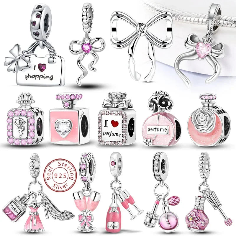 Fit Original 925 Sterling Silver Charms Beads Bow Perfume Bottle Pink Charms for Women Fine DIY Birthday Jewelry Gifts 