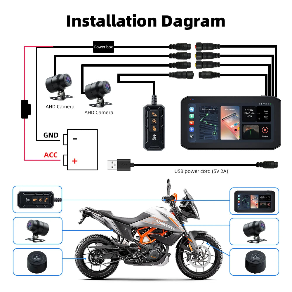 EKIY 6.25" Portable Digital Motorcycle Dashboard GPS Navigation Display Screen TPMS Monitor Wireless CarPlay Moto Android Auto 