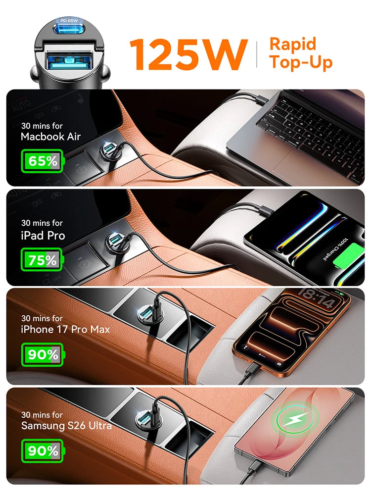 Joyroom 125W Pull Ring Car Charger USB Type-C Dual Fast Ports Fast Charging Mini Car Phone Charger Adapter Car Accessories PD QC