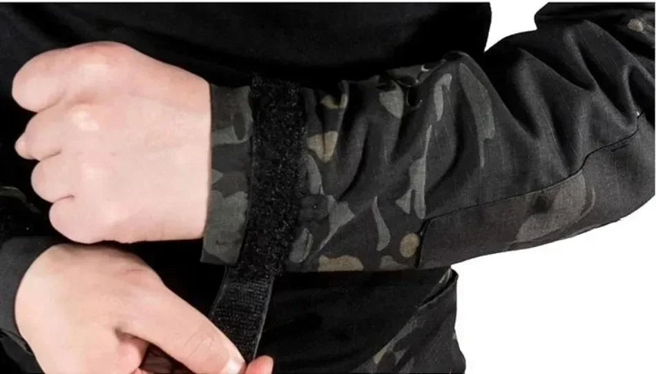 Black Camo Training Sets 1/4 Zipper Combat Tops Tactical Suits Hiking Pants Men Durable Shirts Multiple Pockets Wear-resisting