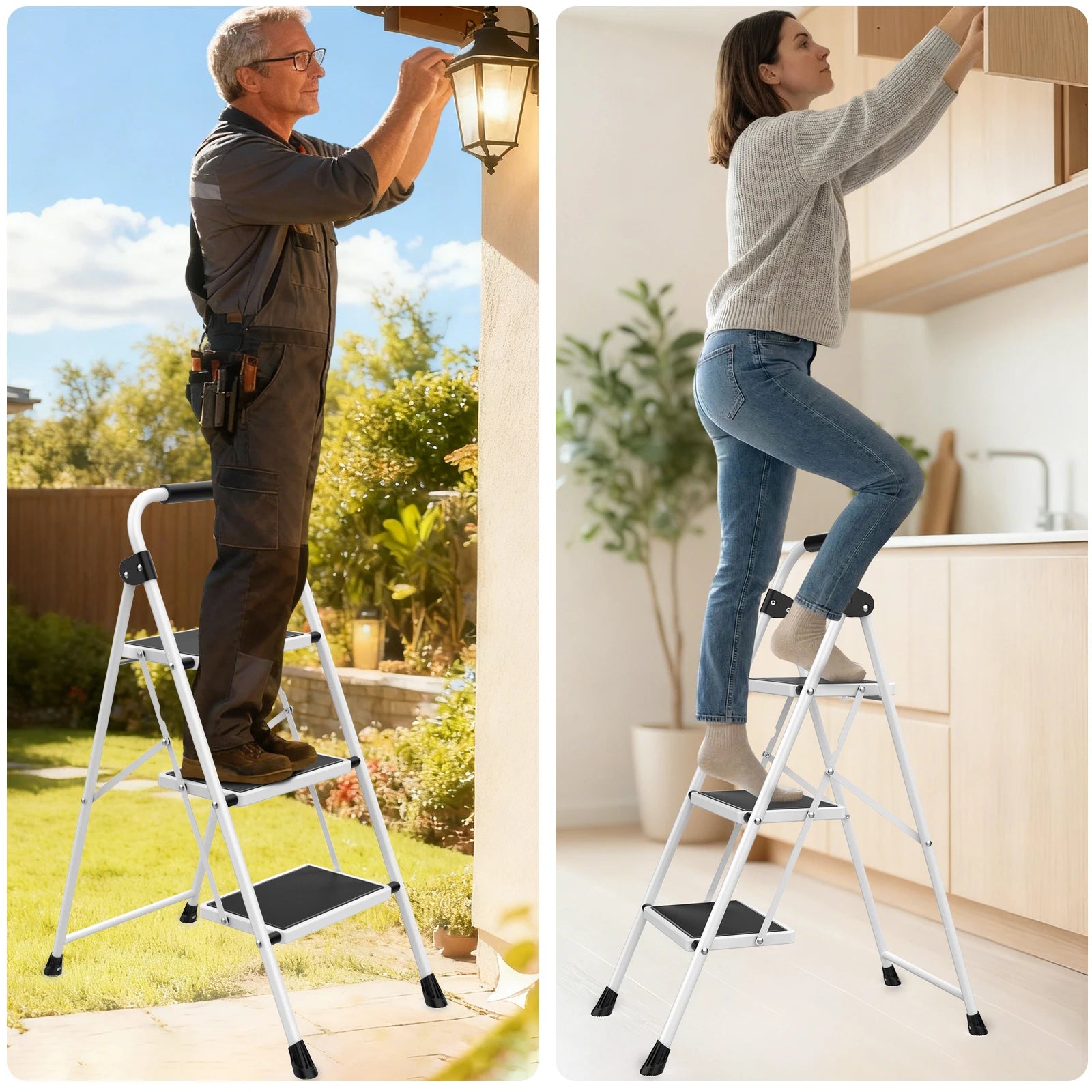 3 Step Folding Ladder with Anti-Slip Pedals 330lb Capacity Steel