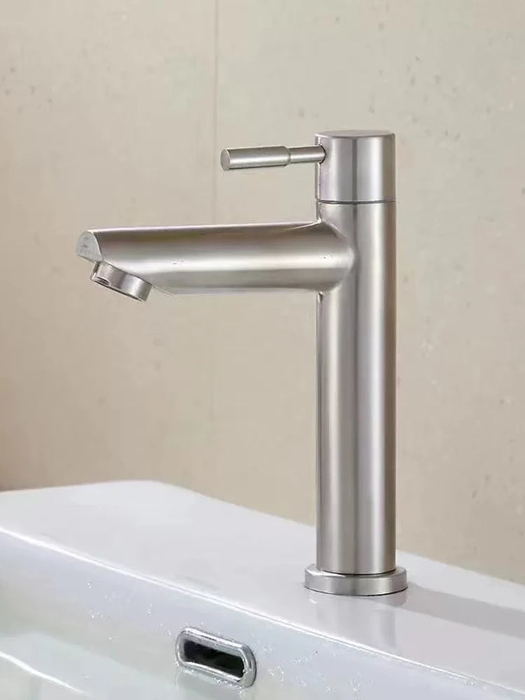 Stainless Steel Single Cold Water Tap Black Basin Fauct Silver Deck Mounted Lengthening and Raising Basin Sink Tap 