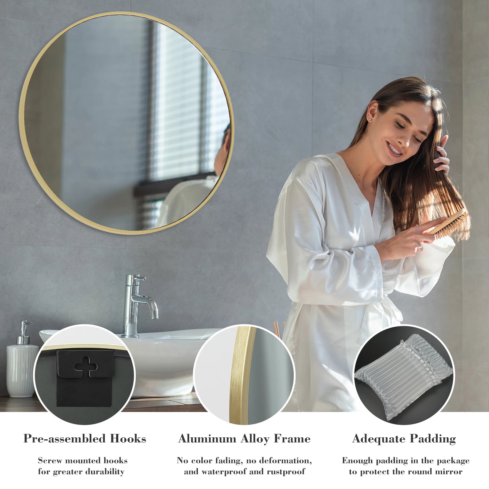 30 Inch Gold Round Wall Mirror with Metal Frame & Clear Glass