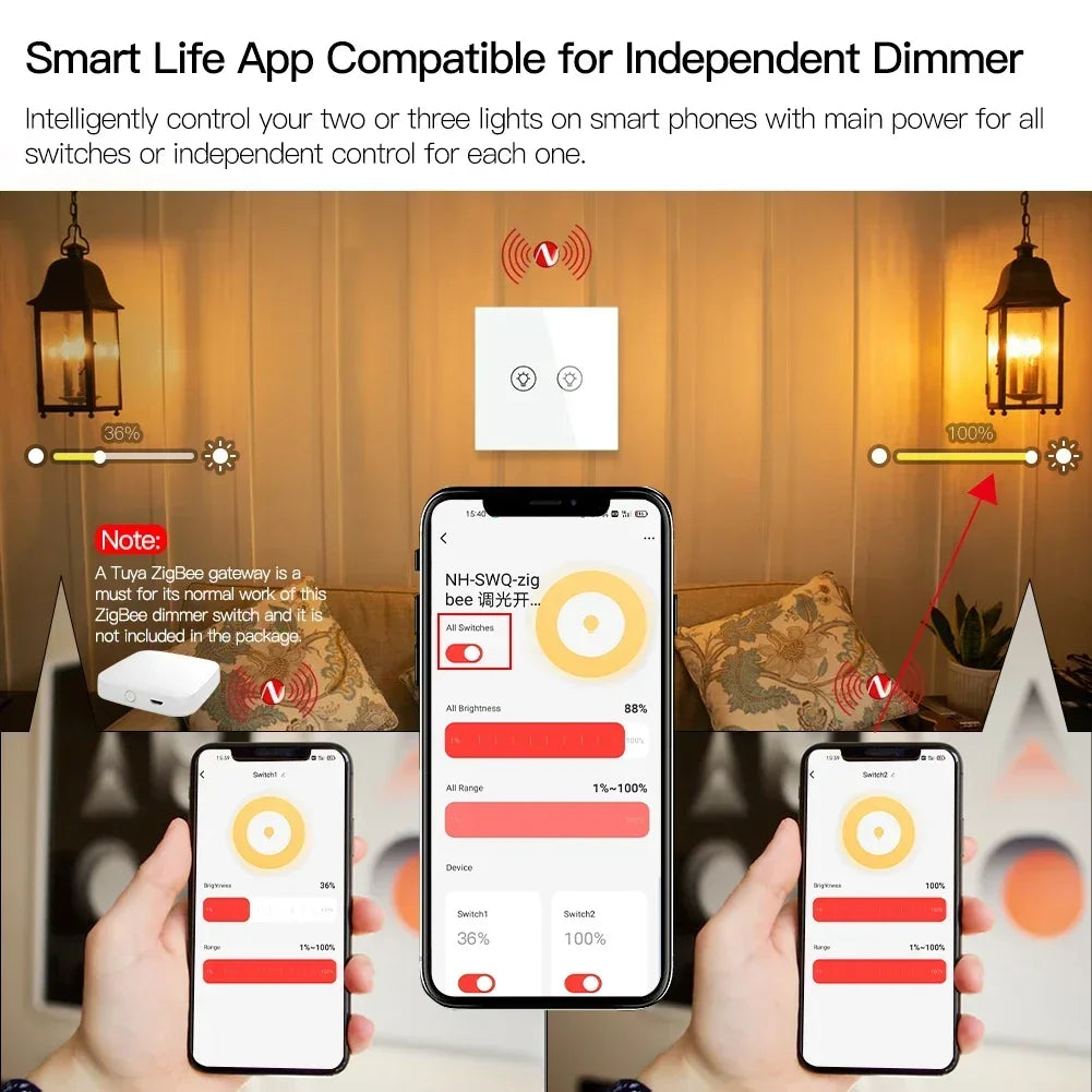 MOES Smart Dimmer Switch ZigBee Tuya, 1/2/3 Gang Control, Alexa Google Home Compatible, APP Remote Dimming