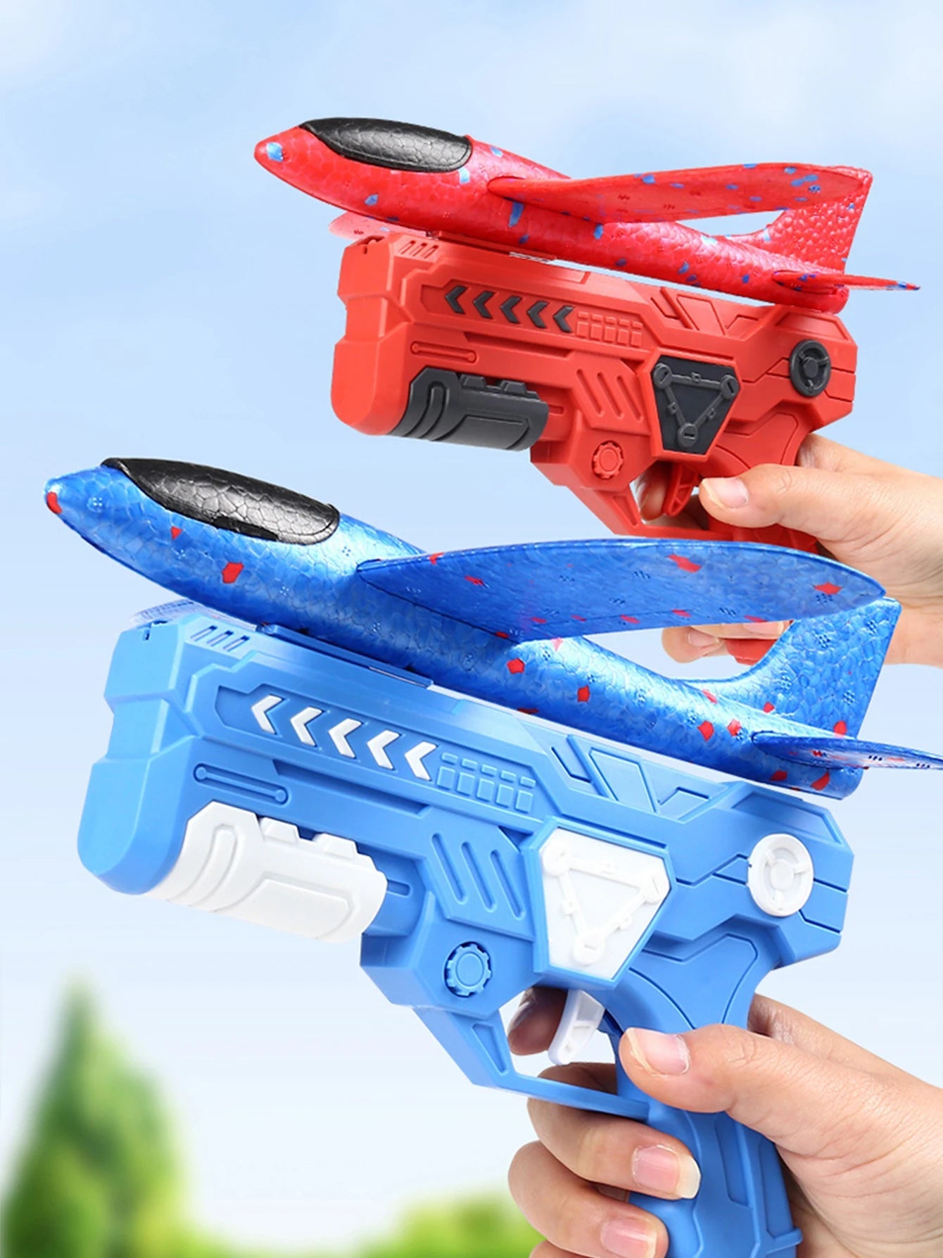 Children's outdoor three in one foam soft elastic toy gun, hand thrown ejection aircraft suit, foam aircraft color random 