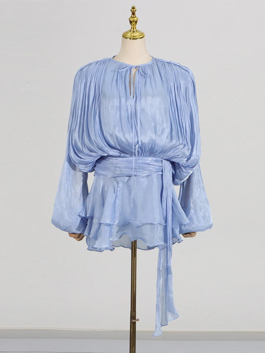 GALCAUR Solid Loose Splicd Lace Up Dresses For Women V Neck Long Sleeves Patchwork Ruffles Tunic Dreses Female Fashio New 